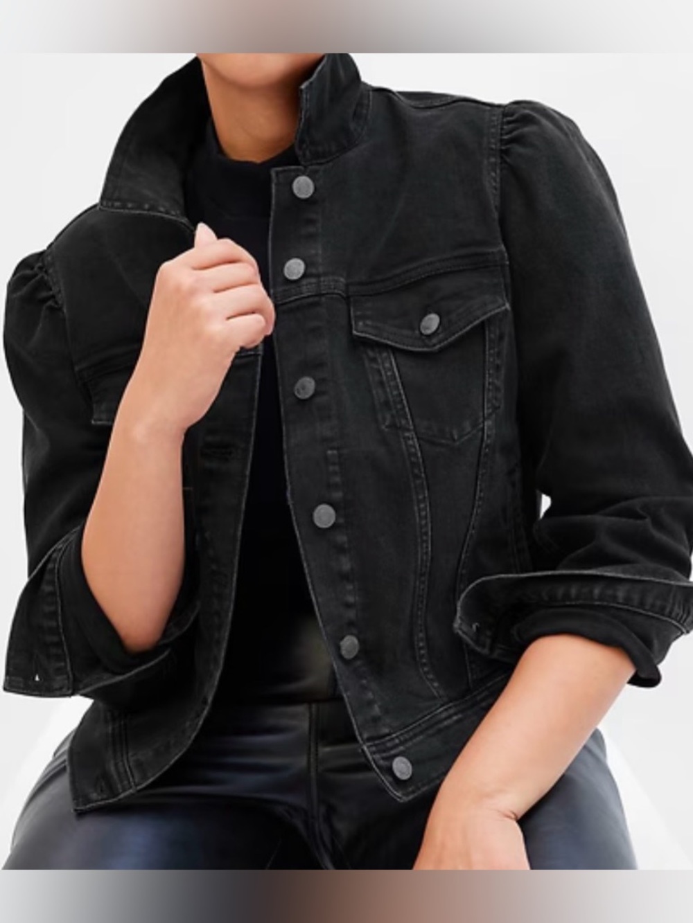 GAP Black Puff Sleeve Denim Jacket